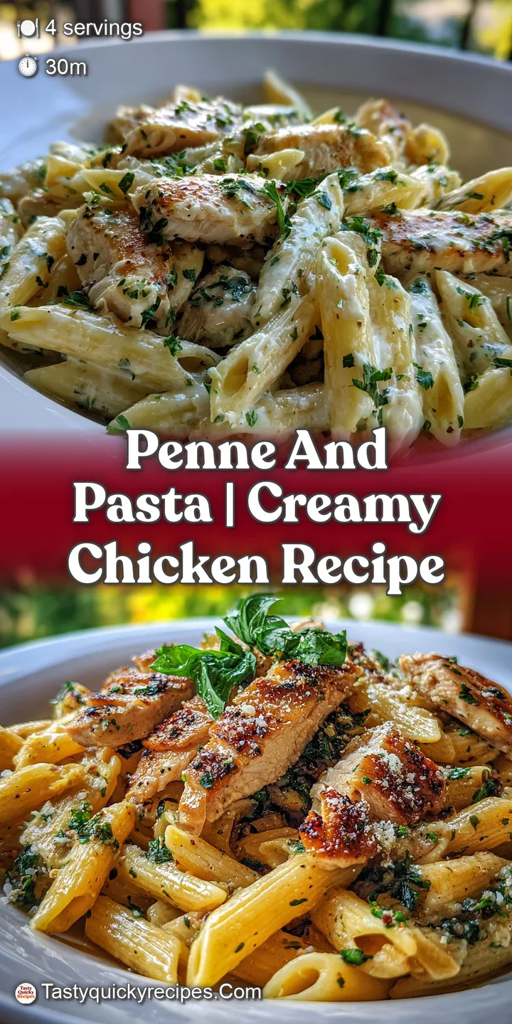 Close-up of glossy penne pasta, the rich tomato sauce clinging to each ridge, promising a burst of fresh, savory flavor.