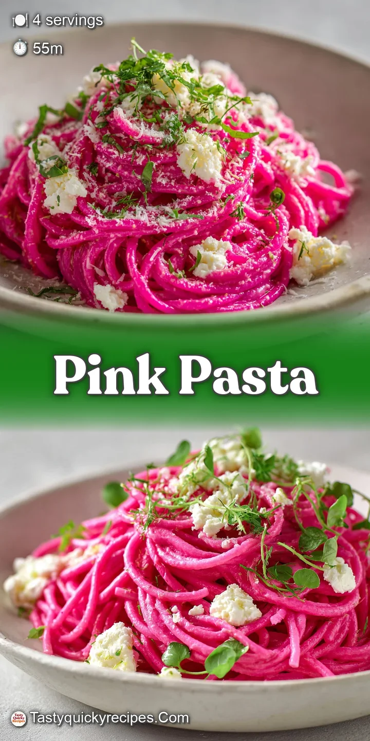 Close-up showcases the creamy texture of pink beet sauce clinging to tender pasta, with glistening olive oil droplets.