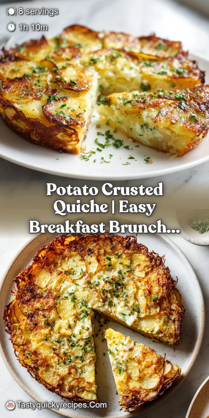 Close-up of a savory quiche wedge, its golden potato crust contrasting with the smooth, steamy eggy center.