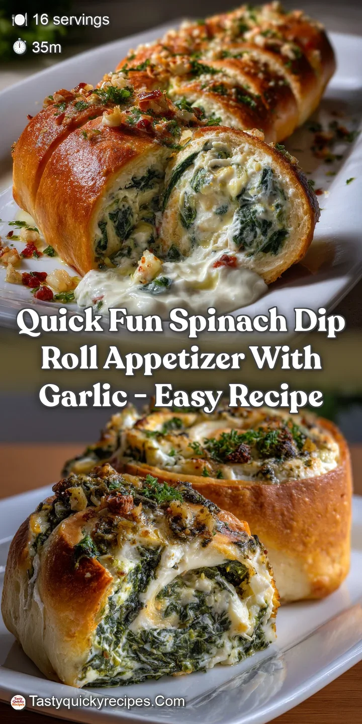 Close-up view of a warm, cheesy spinach dip swirl. The garlic infused filling contrasts with the light, crispy, golden-bro...