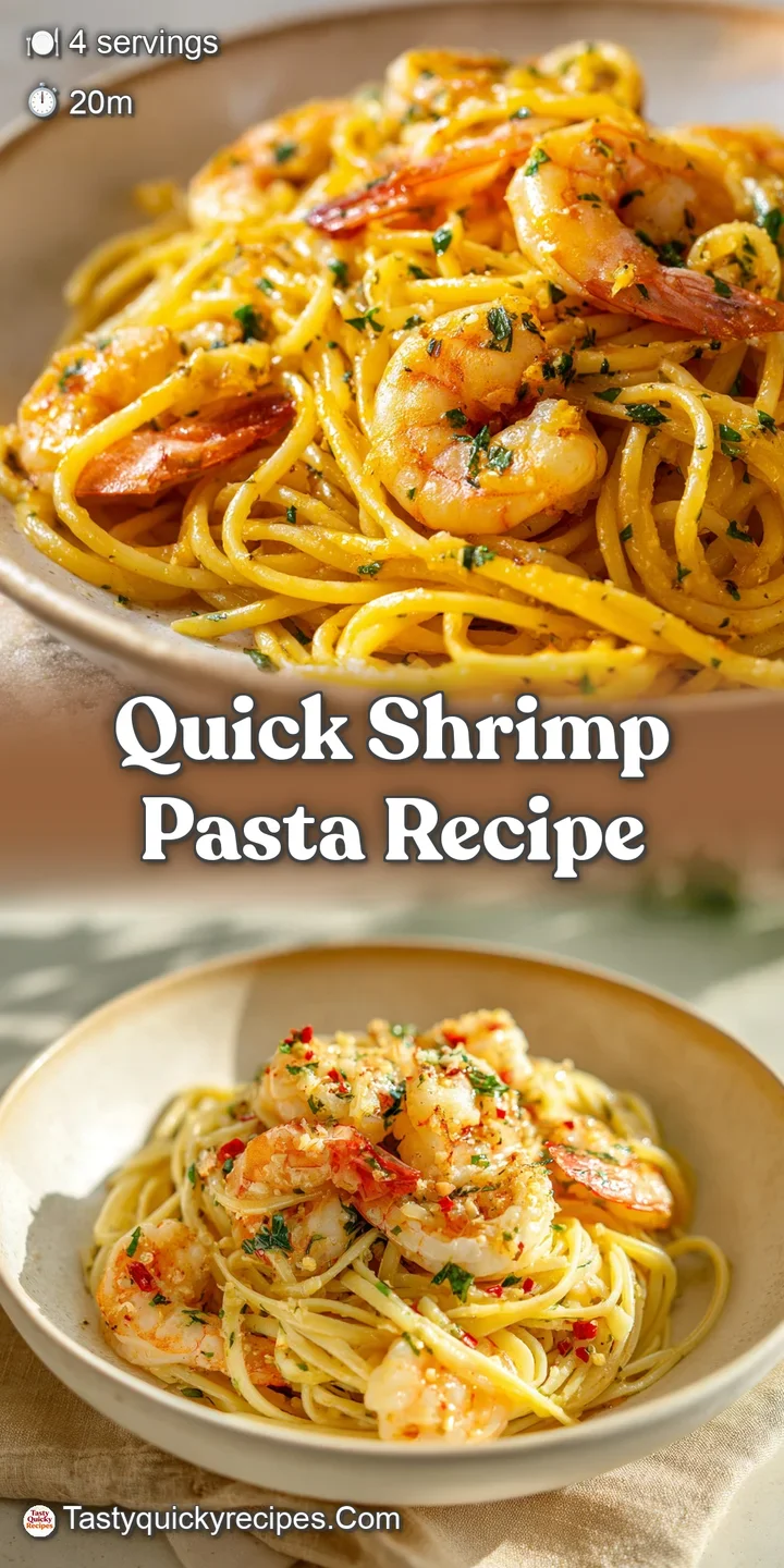 Close-up view of shrimp pasta featuring plump, pink shrimp mingled with glossy pasta and flecks of herbs, hinting at fresh...