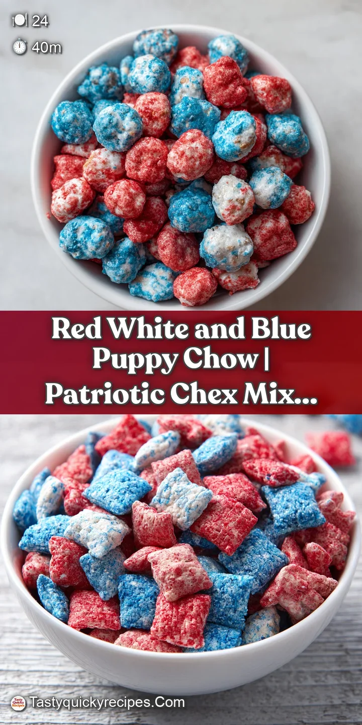 Close-up of crunchy, powdered-sugar coated cereal pieces in patriotic red, white, and blue hues.
