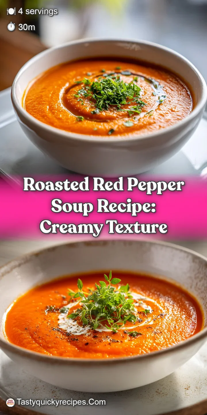 Close-up of rich, red roasted pepper soup. Visible bits of pepper, herbs, and a swirl of cream. Looks warm, comforting, an...