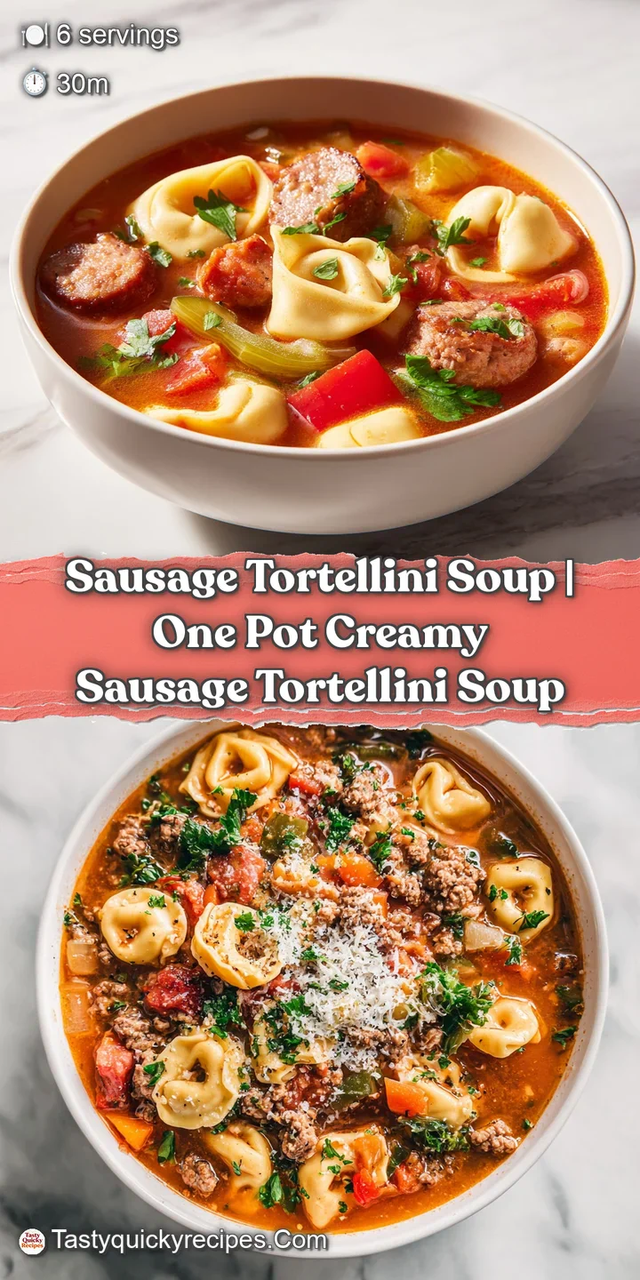 Close-up of tender tortellini and savory sausage swimming in a flavorful broth with diced carrots and herbs.