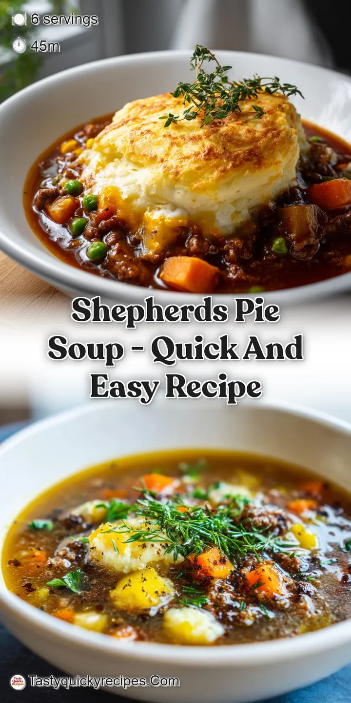 Close-up of rich, meaty soup with tender vegetables and dollops of fluffy mashed potatoes; visible steam.