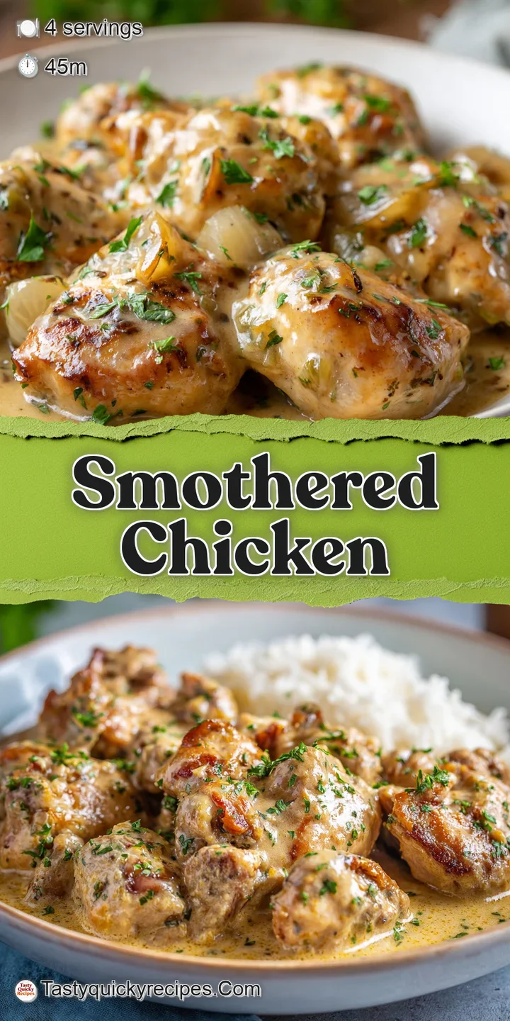 Close-up of tender chicken bathed in deeply caramelized onion gravy. Texture of the meat is visible and so delicious looking.