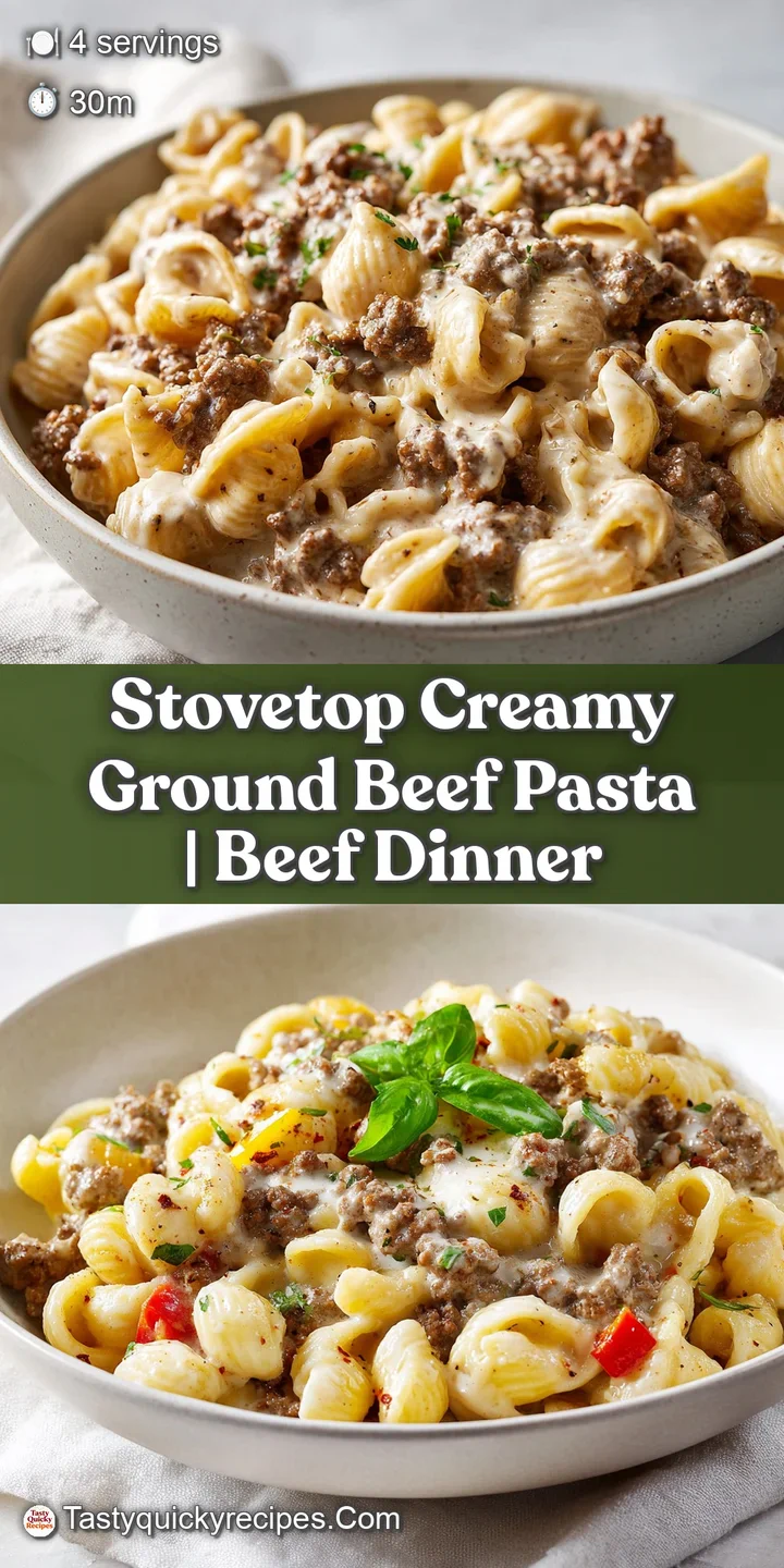 Macro shot of tender pasta shells coated in a glossy, creamy beef sauce with savory browned crumbles of meat.