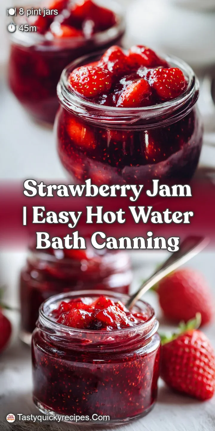Macro shot of glistening, deep red jam showing chunky strawberry pieces and a thick, glossy sugary texture.