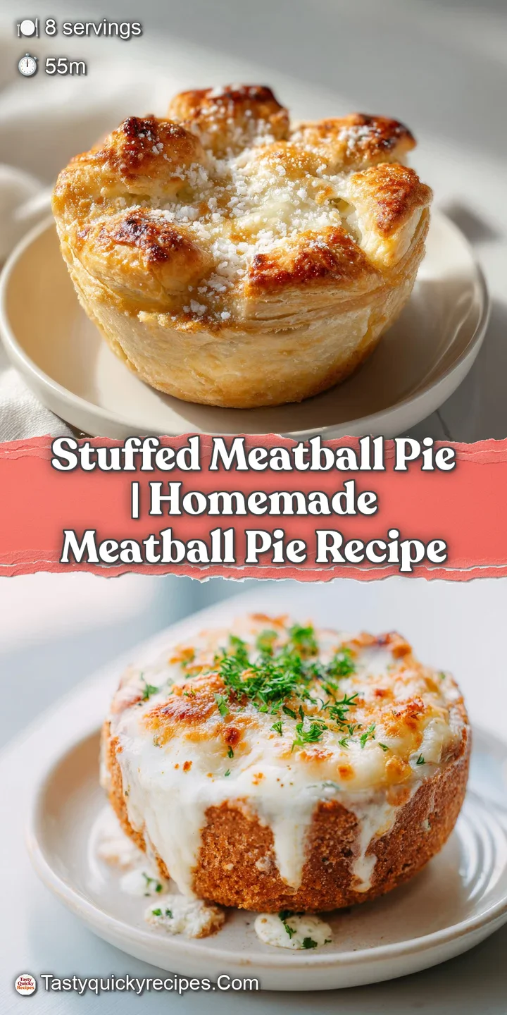 Close-up of a golden, flaky pie crust revealing juicy meatballs and a glistening sauce.