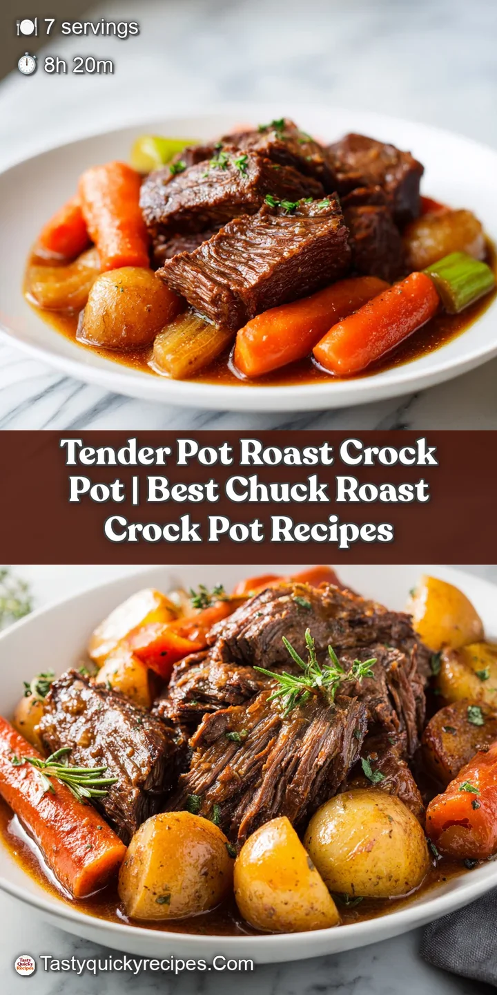 Close-up of glistening, dark brown pot roast, the tender fibers pulling apart, swimming in a flavorful, savory gravy. Stea...