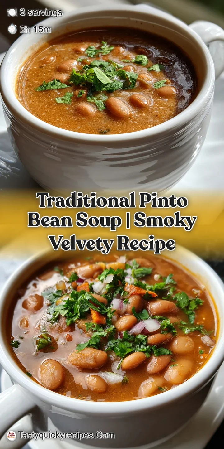 Close-up of hearty pinto bean soup. Soft, plump beans and diced vegetables in a savory broth. Steam rises, promising warmth.