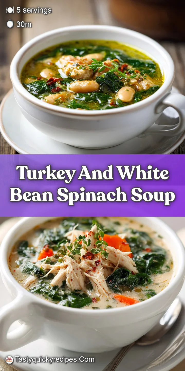 Appetizing close-up of creamy white beans, chopped turkey, and bright spinach in a delicious savory soup.