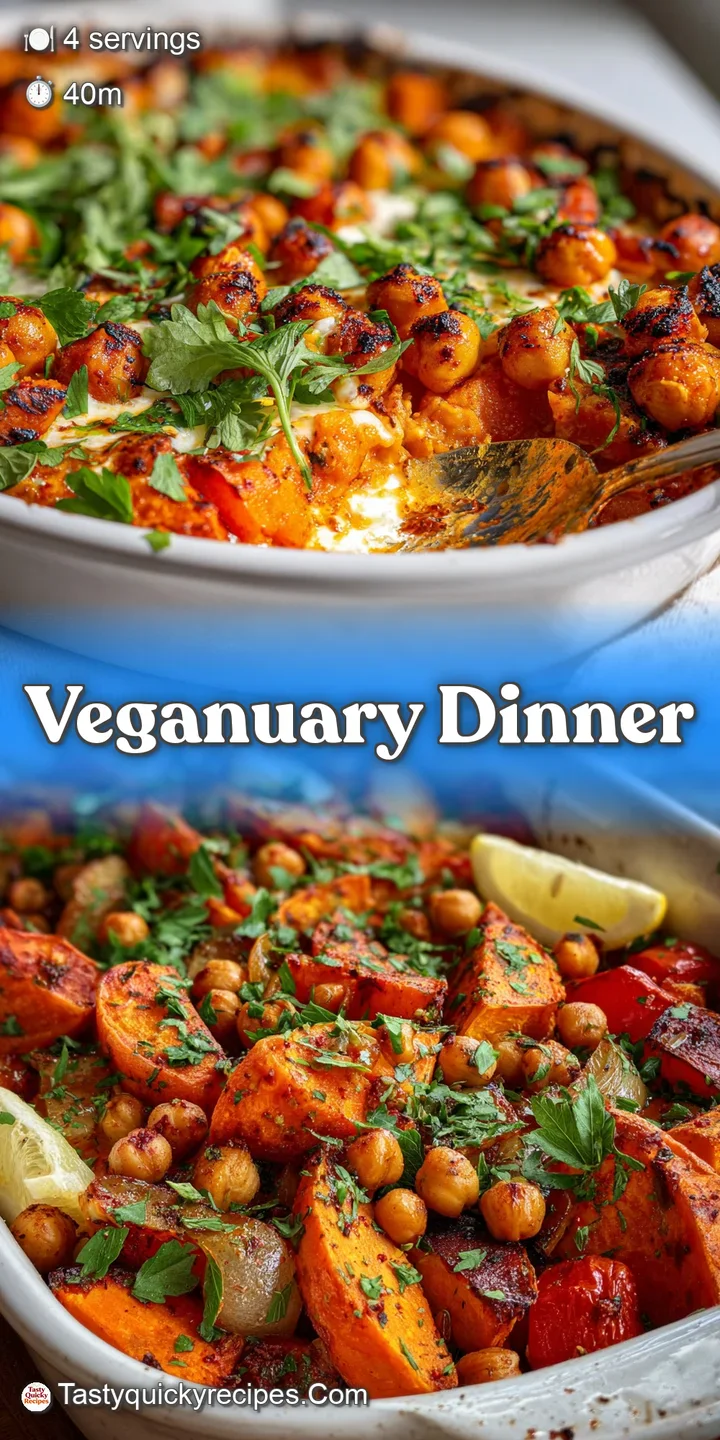 Close-up reveals the textured skin of roasted sweet potatoes mingled with plump chickpeas, showcasing a light glaze and he...