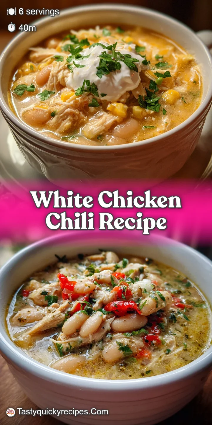 Close-up of rich, simmering white chicken chili. Shredded chicken and soft white beans peek through the creamy, slightly s...