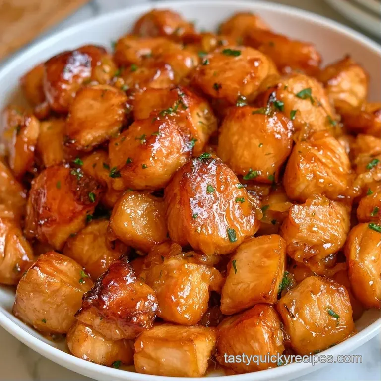Glazed chicken chunks arranged on a ceramic plate with sliced green onions and a sprinkle of toasted sesame seeds.