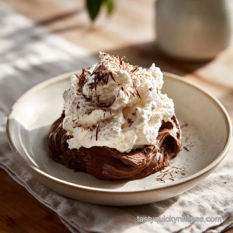Warm chocolate souffle, slightly puffed, served with swirls of fluffy whipped cream.