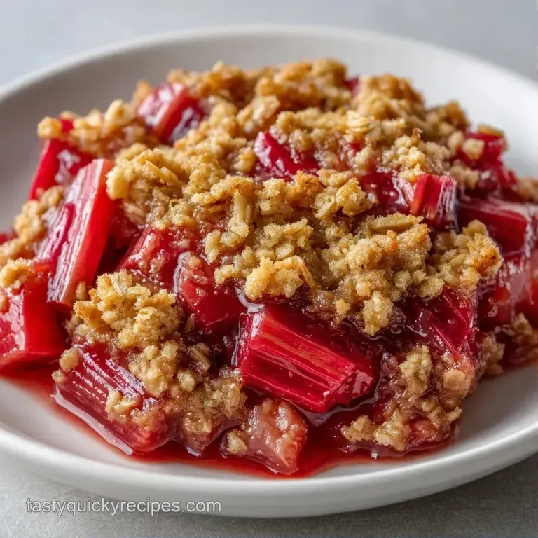 Tart red fruit crumble served in a glass ramekin, garnished with a sprig of mint and a dusting of powdered sugar.