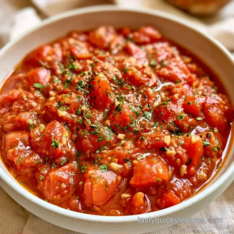 Deep red tomato sauce served in a white ceramic bowl, garnished with fresh basil and a swirl of golden oil.