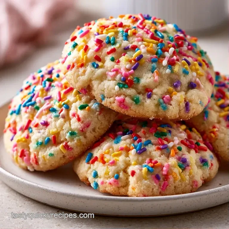 Neatly stacked pale cookies on a marble slab, accented by scattered rainbow sprinkles and a soft linen napkin.