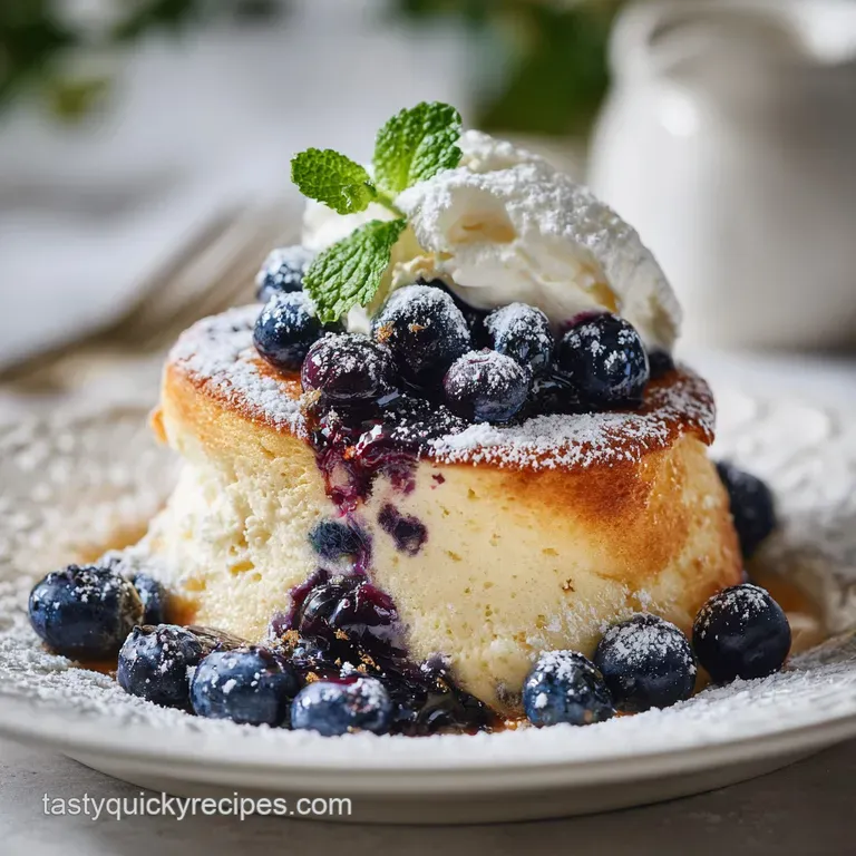 A slice of golden pancake, topped with fresh blueberries and a dusting of powdered sugar, on a white plate.