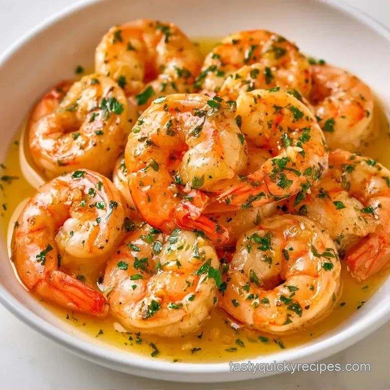 Pink shrimp with a toasted golden crust arranged on a white plate with bright lemon wedges and fresh parsley.