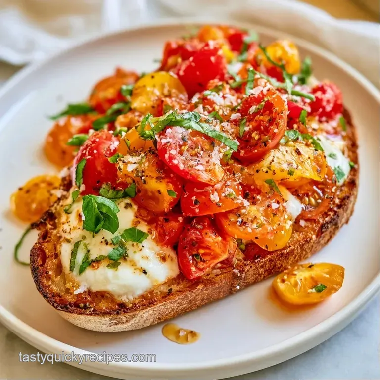 Artfully plated open-faced toast with vibrant red tomato slices, fresh green basil leaves, and a drizzle of olive oil.
