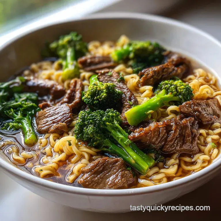 A perfectly plated portion of beef and broccoli ramen, steam rising, the glossy sauce coating each strand and floret.