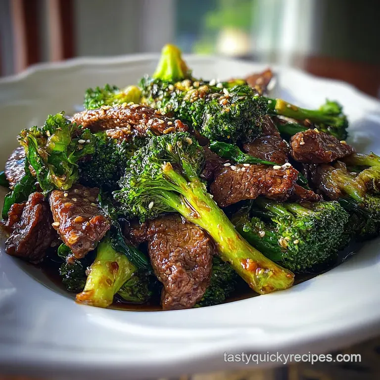 Perfectly plated beef and broccoli. Steam rises, sauce shines, sesame seeds add a nutty touch. Glistening sauce, rich color.