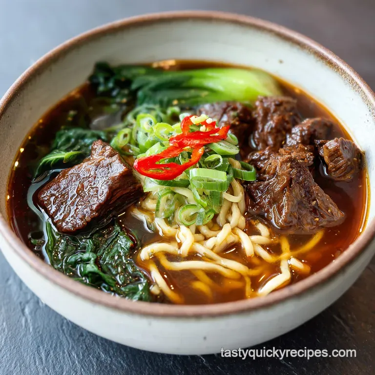 Elegant ramen bowl featuring perfectly arranged noodles, thinly sliced beef, and vibrant green onions in flavorful, steami...