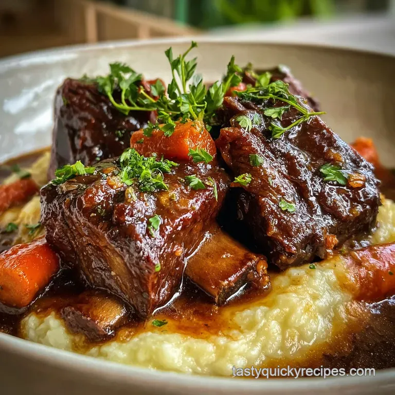Succulent short rib plated atop polenta, glistening with flavorful sauce, garnished with fresh rosemary and vibrant orange...
