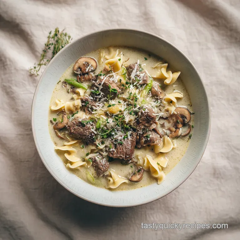 Elegant bowl of beef stroganoff soup, swirled sour cream, garnished with vibrant parsley sprigs; appetizing and inviting.