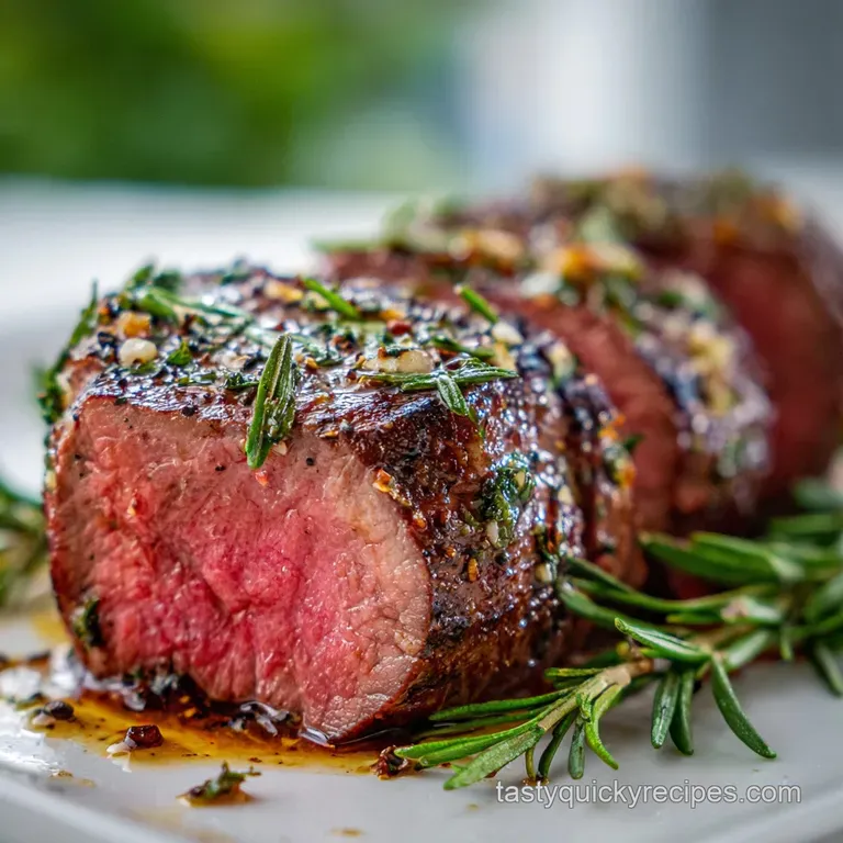 Slices of rosy pink beef tenderloin drizzled with glistening pan juices, artfully arranged with roasted vegetables.