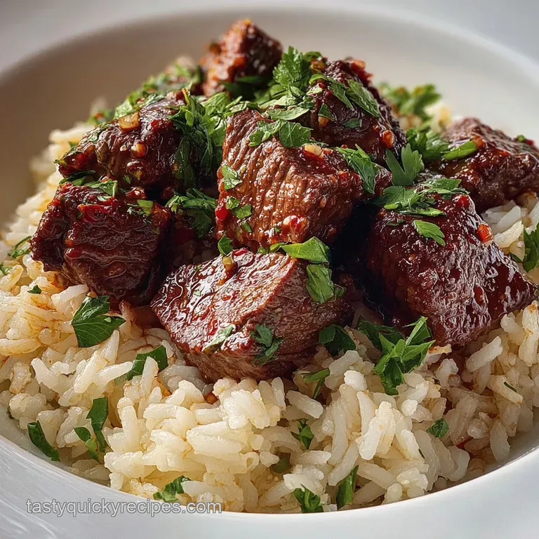 A tower of fluffy rice crowned with tender beef tips and luscious mushroom gravy, garnished with fresh parsley. Mouthwater...