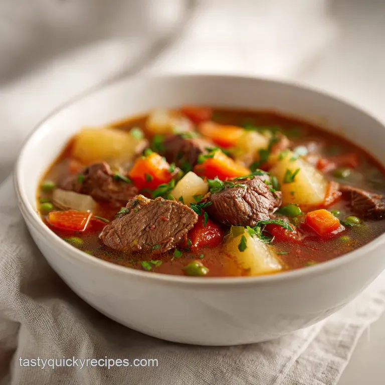 Steaming bowl of chunky beef vegetable soup with a sprig of parsley; visible steam hints at comforting warmth.
