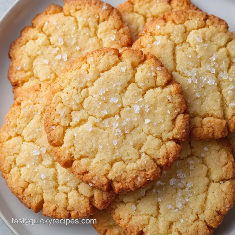 A neat stack of pale gold butter cookies on a white ceramic plate, garnished with a dusting of powdered sugar.