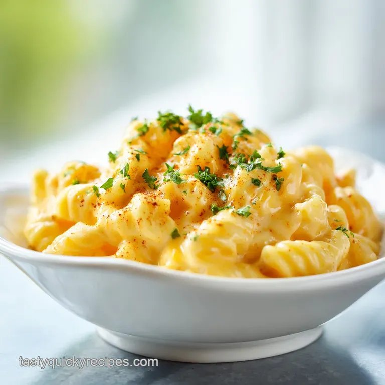 Elegant portion of mac and cheese with a golden panko crust, garnished with herbs. Steam gently rises from the hot dish.