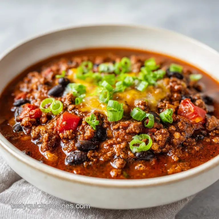 A bowl of steamy chili, topped with bright green cilantro, a dollop of sour cream, and a sprinkle of shredded cheddar cheese.