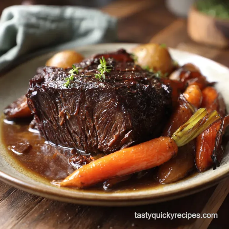 A slice of juicy pot roast with gravy cascading over, alongside colorful potatoes and carrots on a white plate, inviting w...
