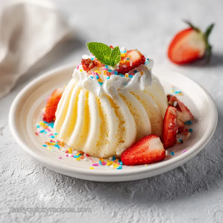 A perfect scoop of pure white vanilla ice cream elegantly presented on a chilled dark plate, with a single mint leaf garnish.