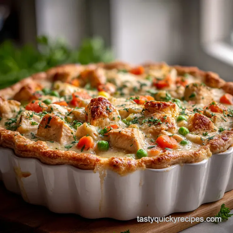 Creamy chicken pot pie with a golden brown, slightly puffed Bisquick topping served in a rustic ceramic dish, garnished wi...