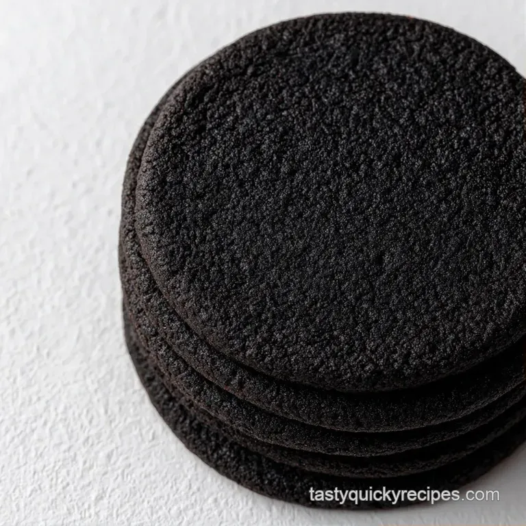 Deep ebony cookies with crystalline sugar caps piled high on a minimalist white ceramic plate with soft lighting.