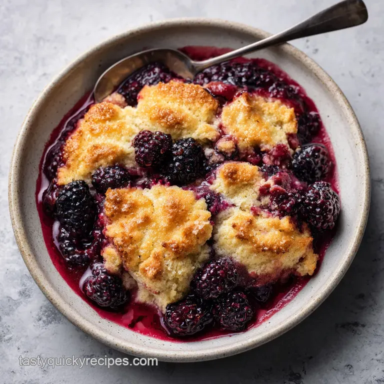Rustic blackberry cobbler in a cream-colored bowl. A scoop of melting vanilla ice cream glistens in the soft, diffused light.