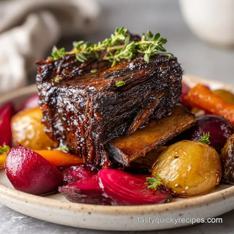 Single braised short rib on creamy polenta, sauce drizzled. Glistening meat with herbs creating an elegant plate.