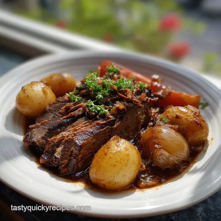 Elegant plate featuring sliced, braised brisket with a glossy sauce, alongside perfectly cooked carrots and a sprig of fre...