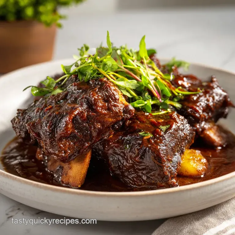 A single, tender short rib with a sheen of dark sauce, plated over creamy mashed potatoes and vibrant green herbs.