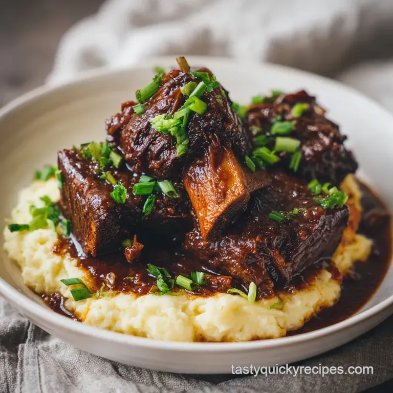 A single, tender short rib glistening on a bed of polenta, garnished with microgreens and a drizzle of balsamic glaze.