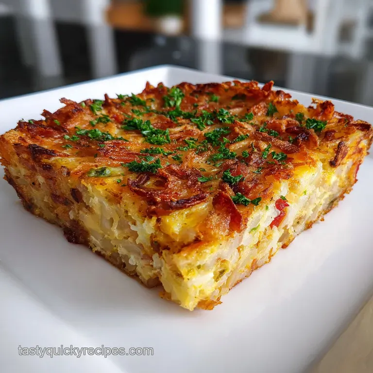 Square slice of savory breakfast bake, showcasing fluffy eggs, crisp potatoes and melted cheese on a white plate, ready to...