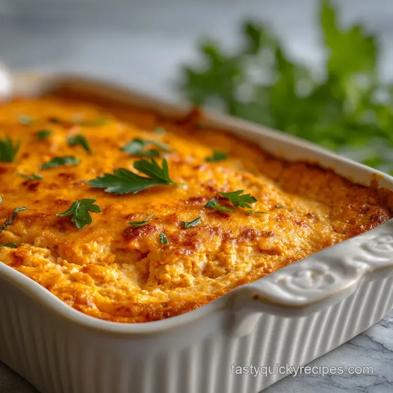 Rich buffalo chicken dip in a white baking dish with celery sticks & blue cheese crumbles. Warm, inviting party appetizer.