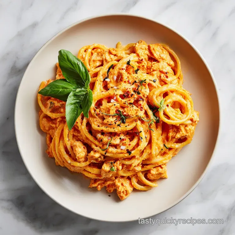 A swirl of buffalo chicken pasta, topped with crumbled blue cheese and chives, elegantly arranged in a white bowl.