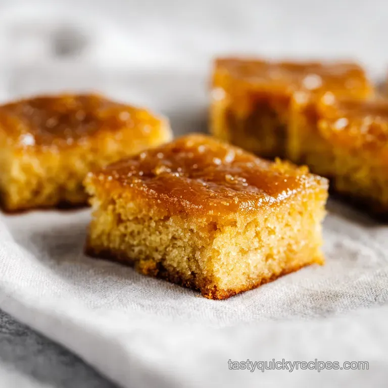 Stacked golden-brown squares on a ceramic plate, drizzled with caramel and topped with a pinch of sea salt.